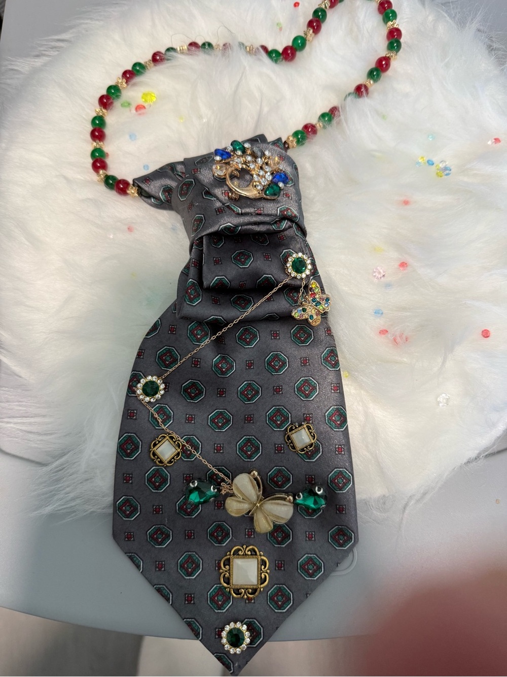 Embellished Gray Geometric Tie with Green & Red Accents - Picture 1 of 1